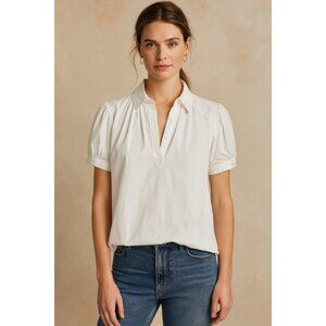 Tory Burch White 100% Cotton Short Puff Sleeve Blouse SZ 8 Classic Button Front